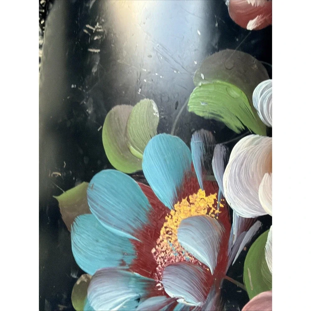 VTG Hand Painted Floral Metal Wastebasket Black Pierced Lattice Toleware Worn!